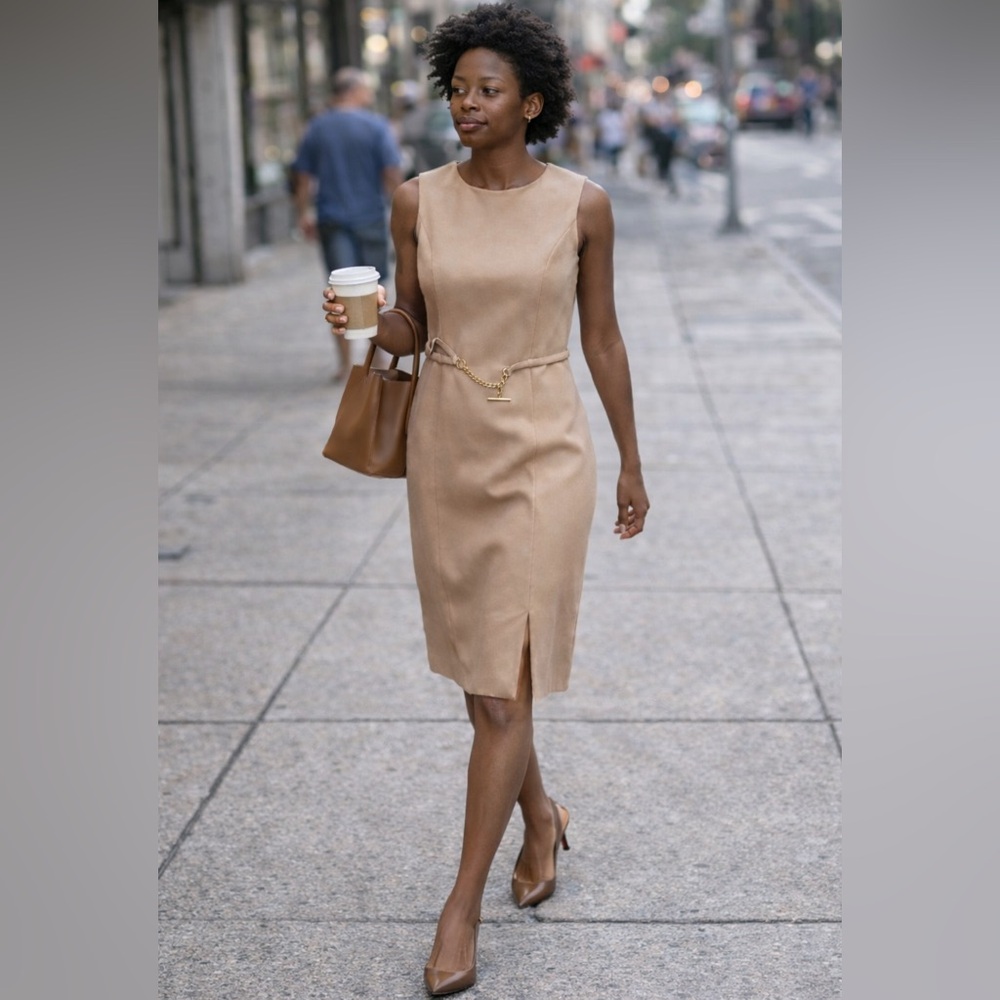 Oscar de la Renta Wool Chain Detail Sheath Dress in Warm Tan Sz 4